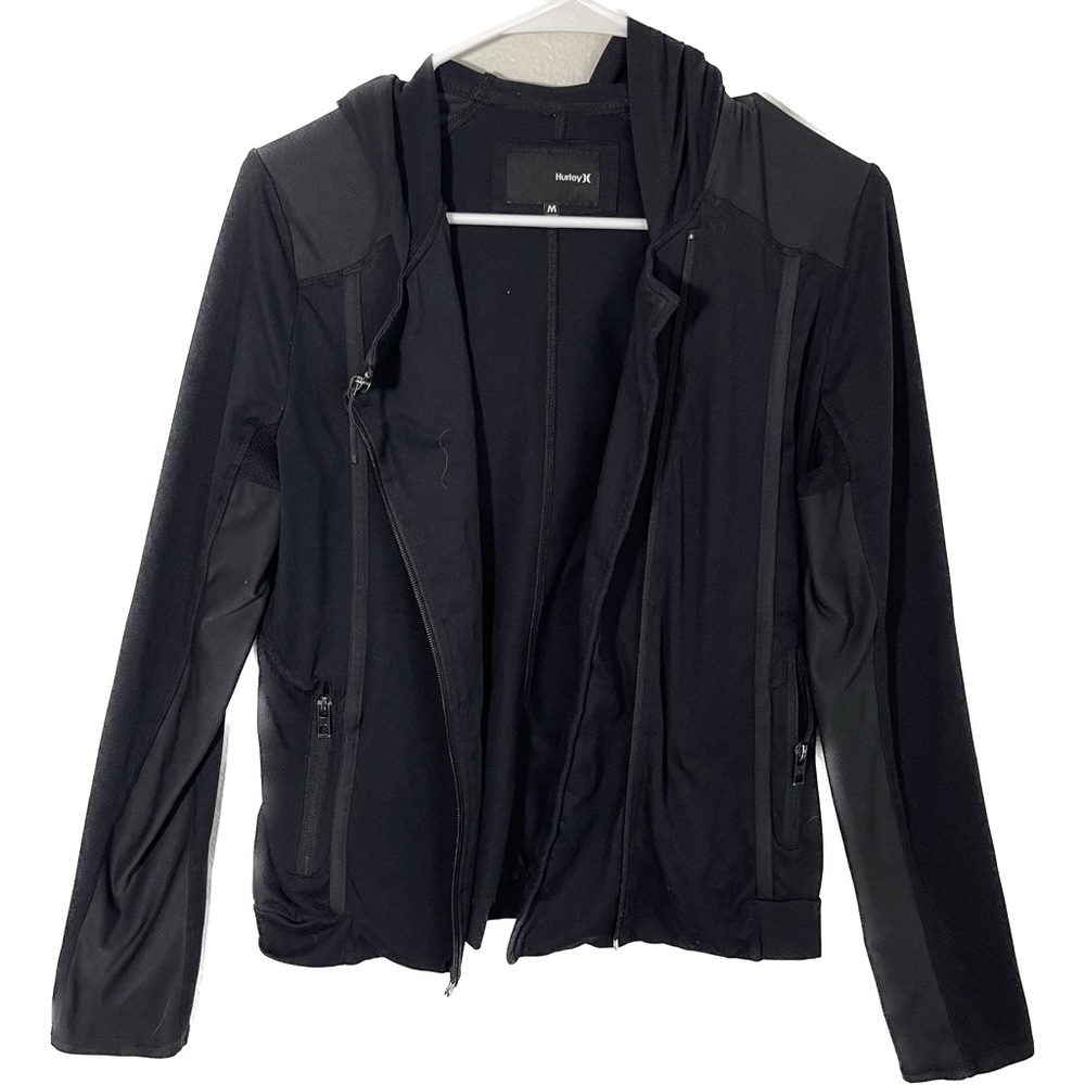 HURLEY NIKE DRI FIT Women’s Black Moto Jacket Asymmetric Zip Hooded Sz. M 038